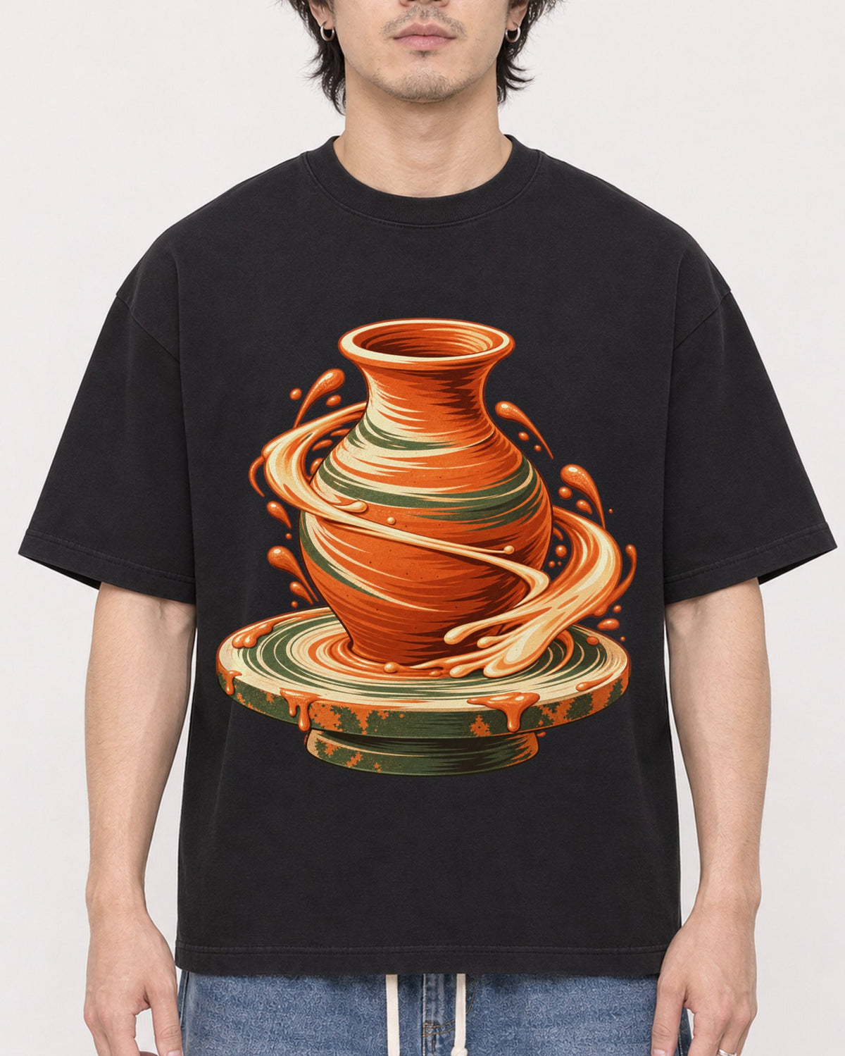 Mockup Boxy Heavyweight Tee Black male close-up 03