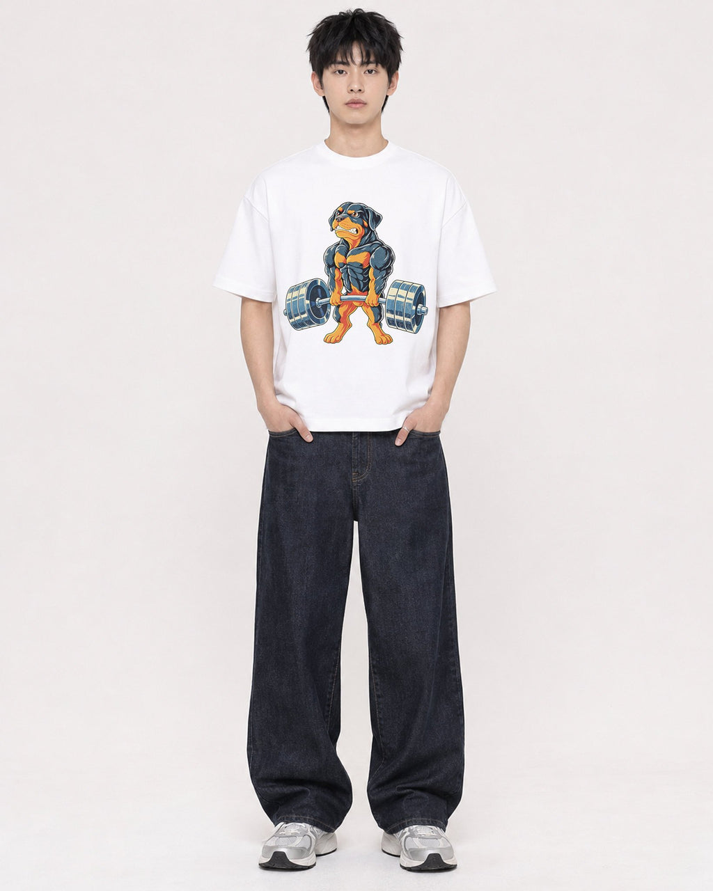 Mockup Boxy Heavyweight Tee White male full-body 01