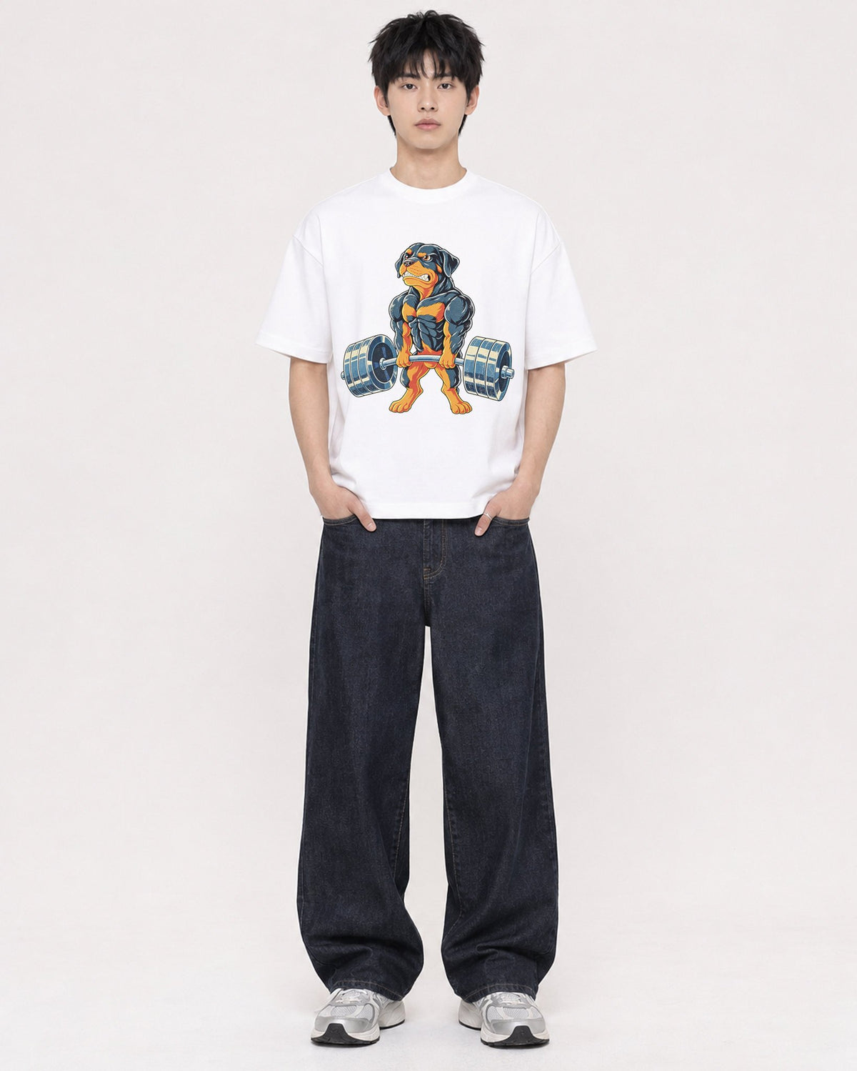 Mockup Boxy Heavyweight Tee White male full-body 01