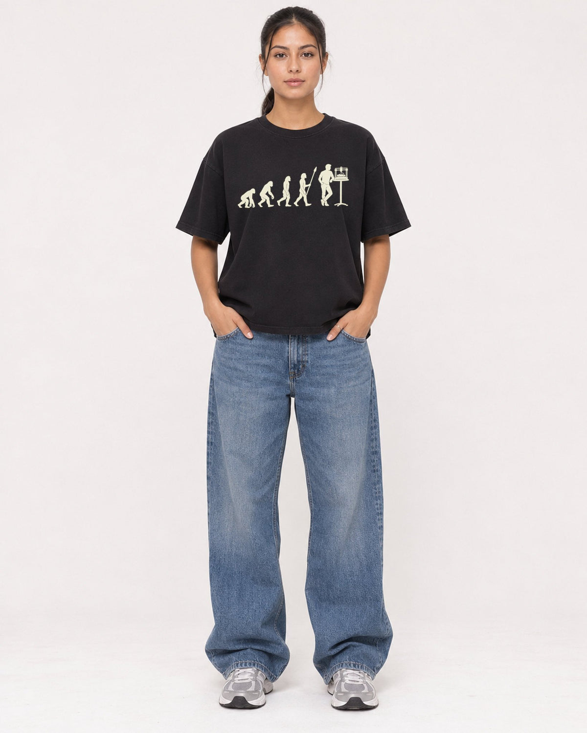 Mockup Boxy Heavyweight Tee Black female full-body 16