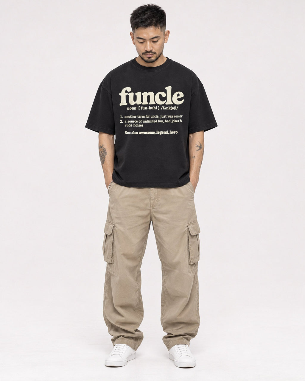 Mockup Boxy Heavyweight Tee Black male full-body 12