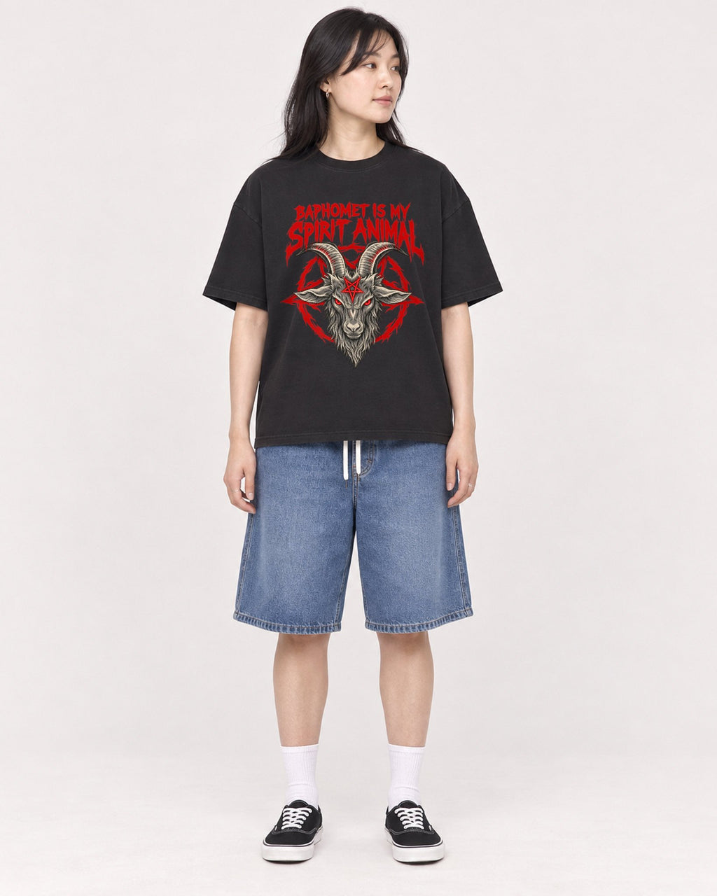 Mockup Boxy Heavyweight Tee Black female full-body 13