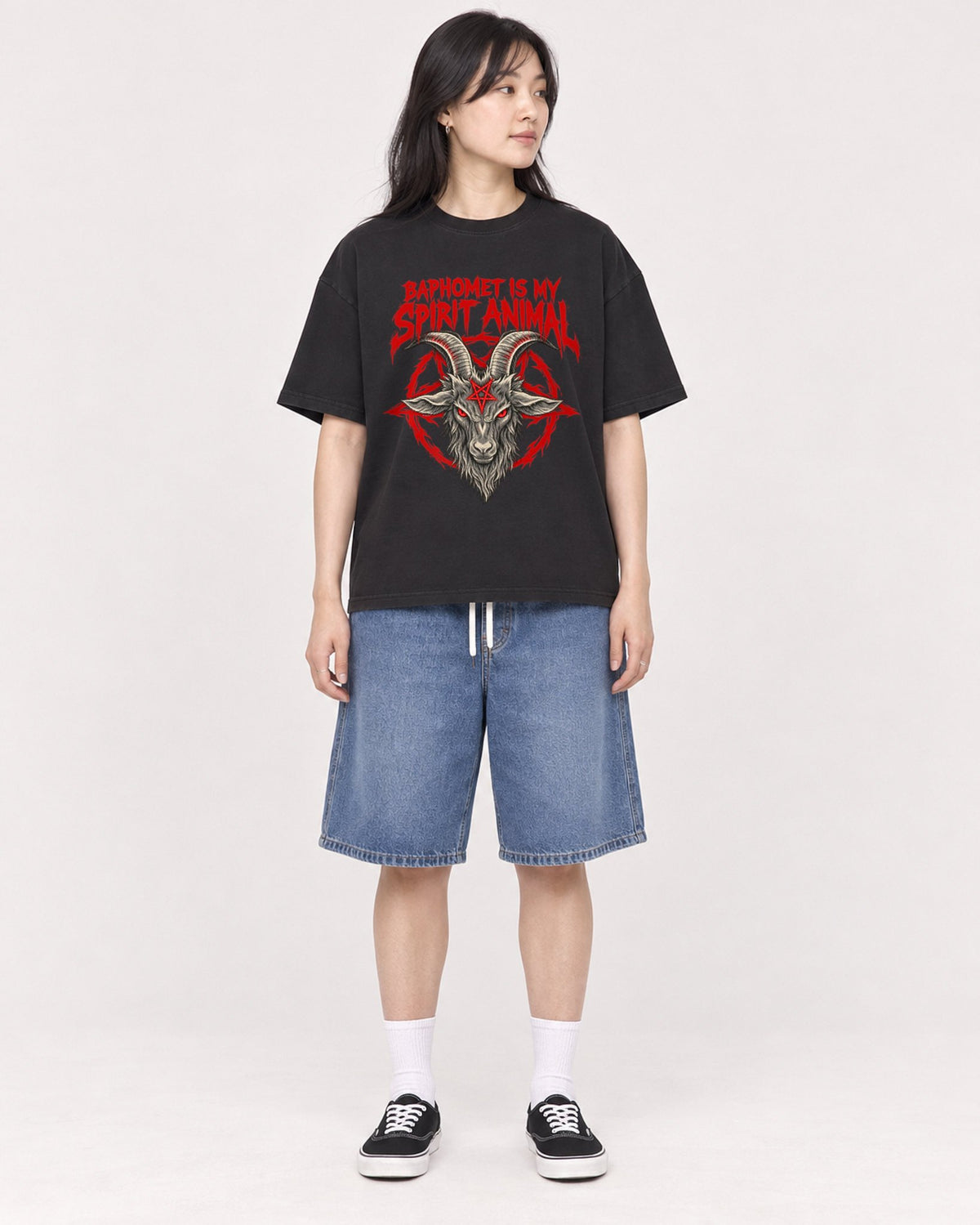 Mockup Boxy Heavyweight Tee Black female full-body 13