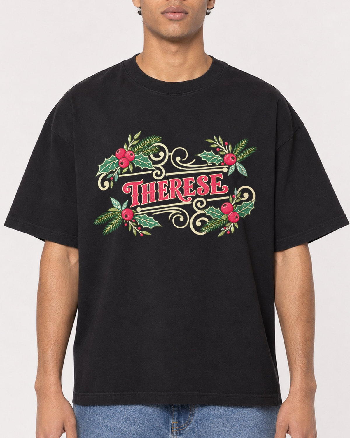 Mockup Boxy Heavyweight Tee Black male close-up 10