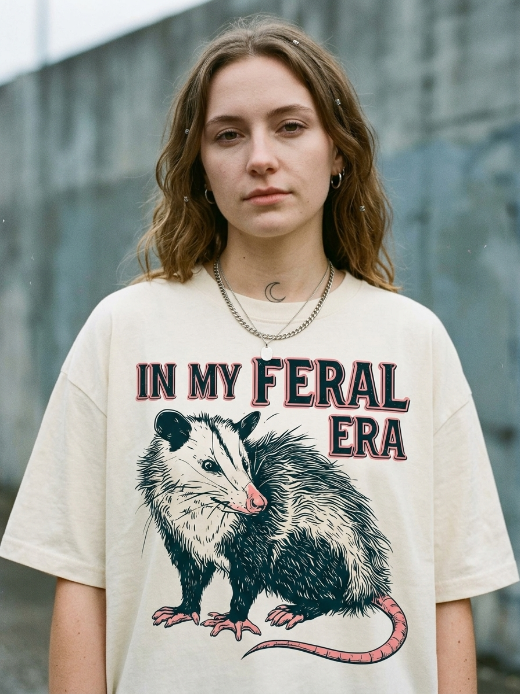 Butter opossum graphic tee, In My Feral Era retro print, oversized fit on model