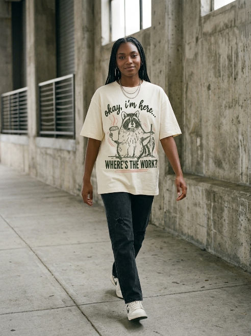Funny Work Shirt - Okay I'm Here Where's The Work Raccoon Tee | Teekop