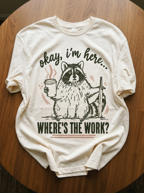 Funny Work Shirt - Okay I'm Here Where's The Work Raccoon Tee | Teekop
