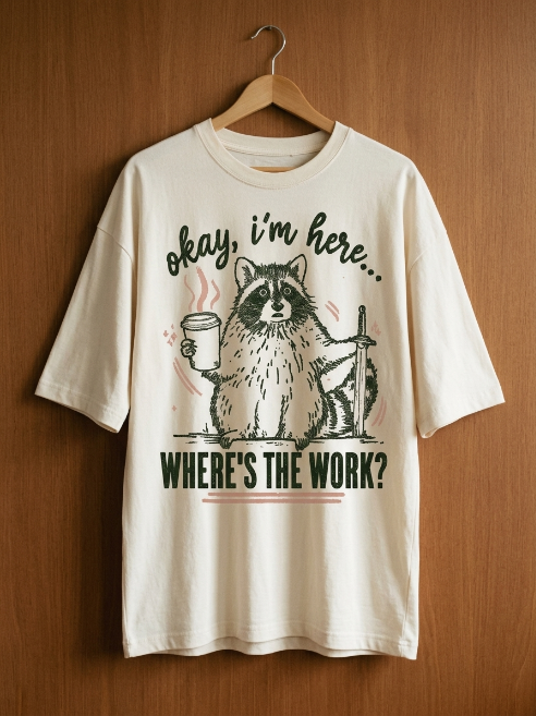 Funny Work Shirt - Okay I'm Here Where's The Work Raccoon Tee | Teekop