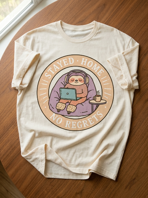 Sloth Shirt - Stayed Home No Regrets Cozy Graphic Tee | Teekop