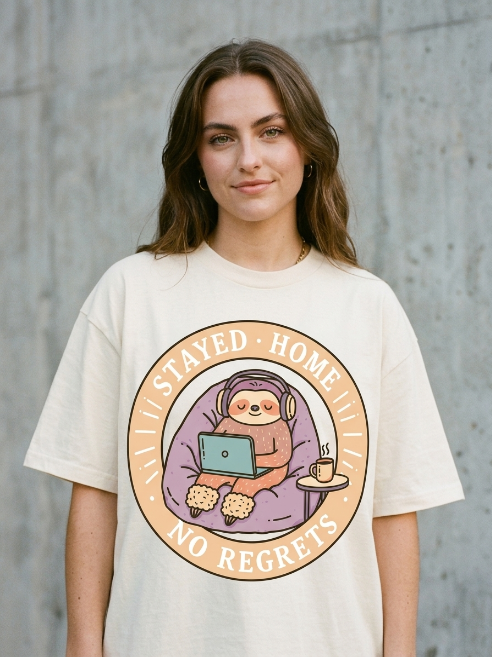 Sloth Shirt - Stayed Home No Regrets Cozy Graphic Tee | Teekop