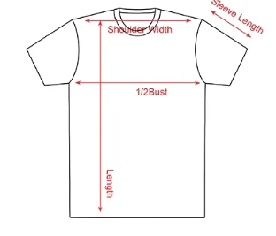 A tee laid flat with its width, length, sleeve and shoulder marked