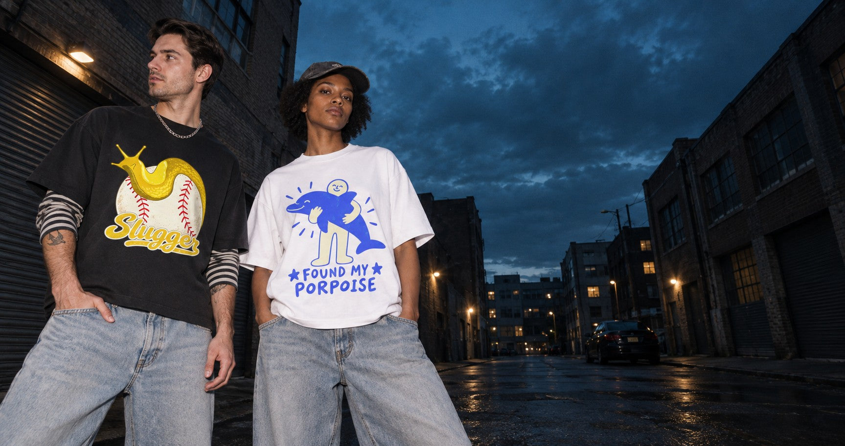 Two friends in a warehouse lane at dusk in Teekop tees printed with a banana slug on a baseball and a figure hugging a porpoise