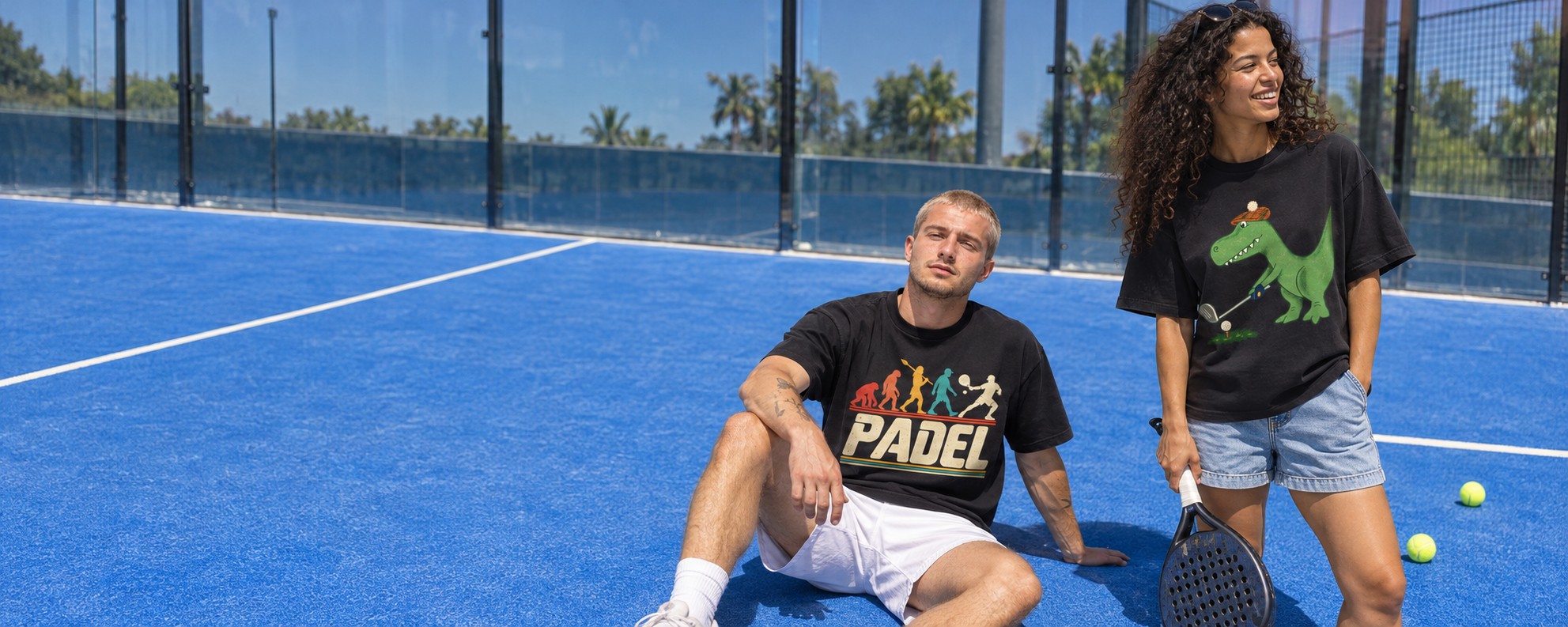 Two friends on a blue padel court in Teekop tees printed with a padel design and a golfing dinosaur
